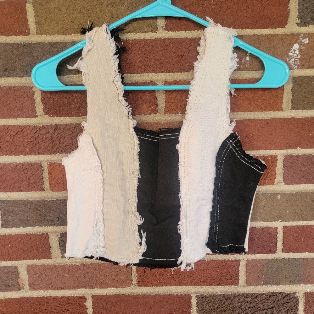 Multitextured Patchwork Denim Black and Cream Corset Top